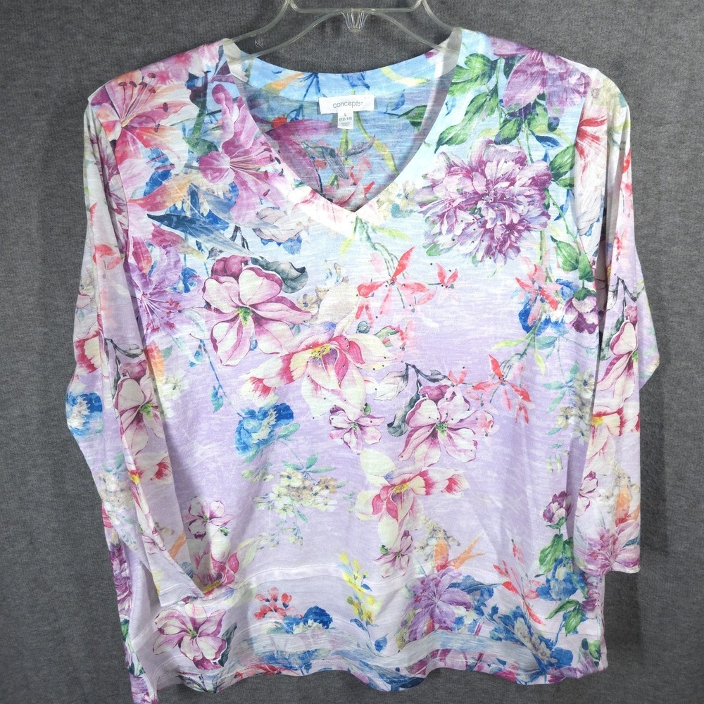 Concepts Women L Floral V Neck Top 3/4 Sleeve Lightweight Blouse Multicolor